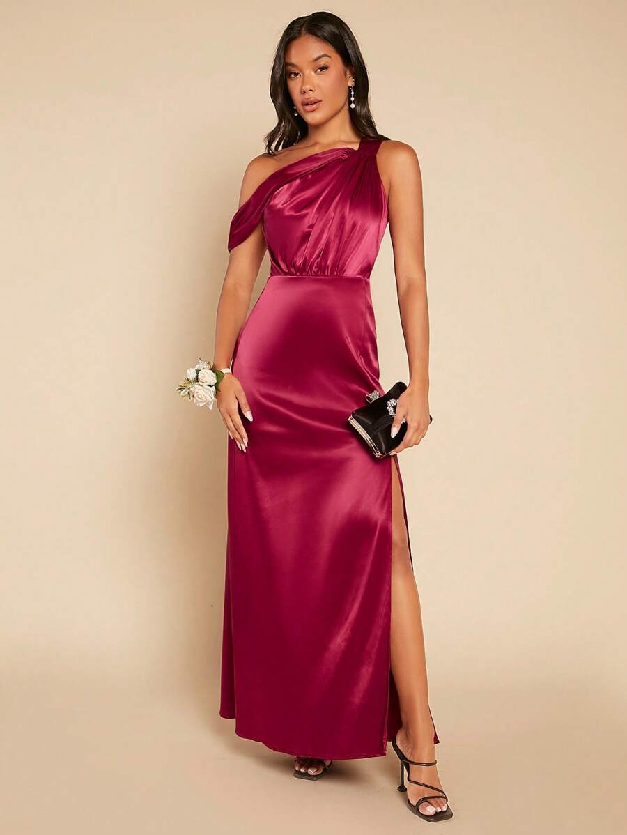 SHEIN Belle Burgundy Red Asymmetrical Neck Split Thigh Satin Dress - Burgundy - View 1