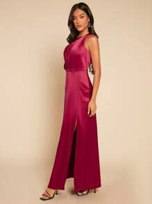 SHEIN Belle Burgundy Red Asymmetrical Neck Split Thigh Satin Dress - Burgundy - View 4