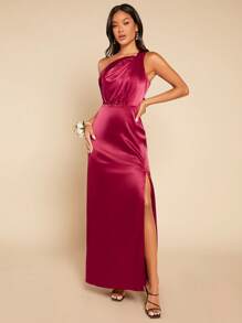 SHEIN Belle Burgundy Red Asymmetrical Neck Split Thigh Satin Dress - Burgundy - View 6