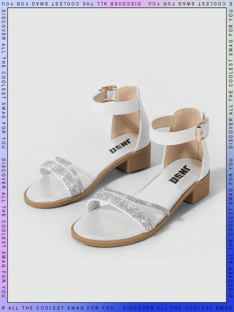Girls Glitter Detail Buckle Decor Chunky Heeled Ankle Strap Sandals