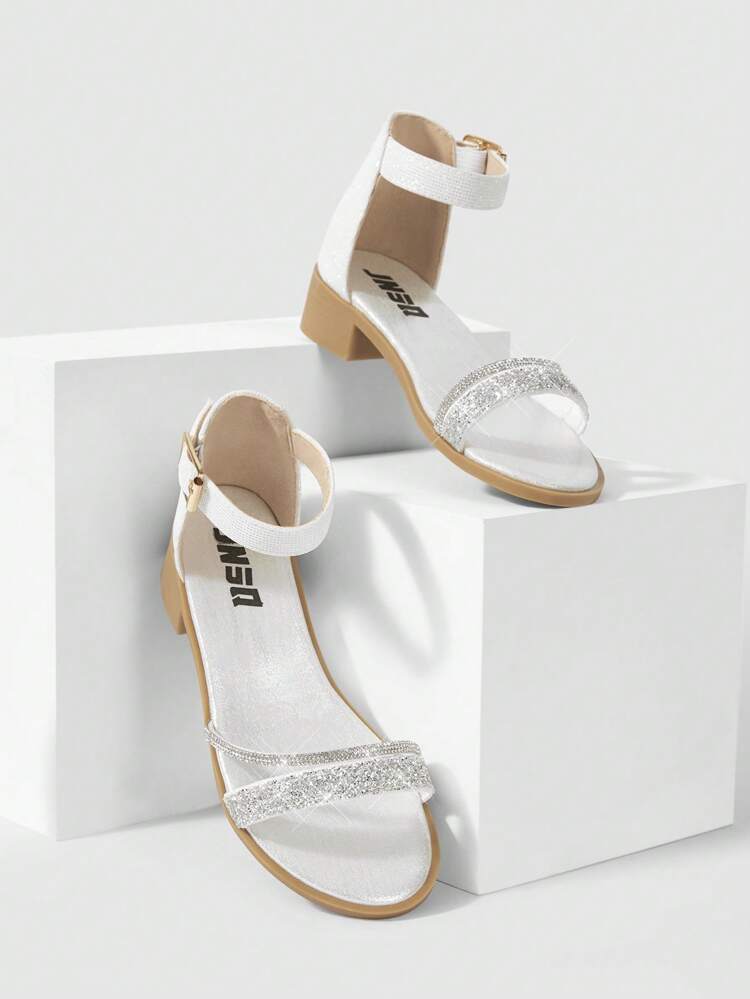 Girls Glitter Detail Buckle Decor Chunky Heeled Ankle Strap Sandals