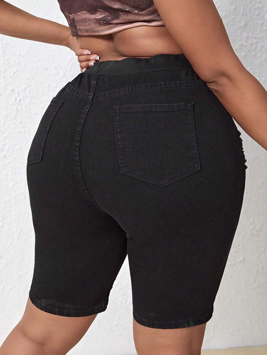 SHEIN SXY Plus Ripped Denim Shorts - Black - View 1
