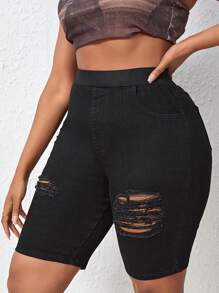 SHEIN SXY Plus Ripped Denim Shorts - Black - View 3