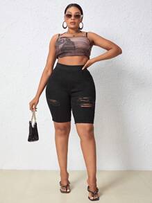 SHEIN SXY Plus Ripped Denim Shorts - Black - View 4