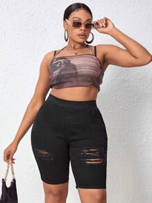 SHEIN SXY Plus Ripped Denim Shorts - Black - View 5