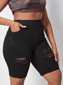 SHEIN SXY Plus Ripped Denim Shorts - Black - View 6