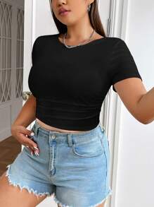 SHEIN EZwear Hơn Chất rắn Đen Áo phông Crop - màu đen - Xem 4