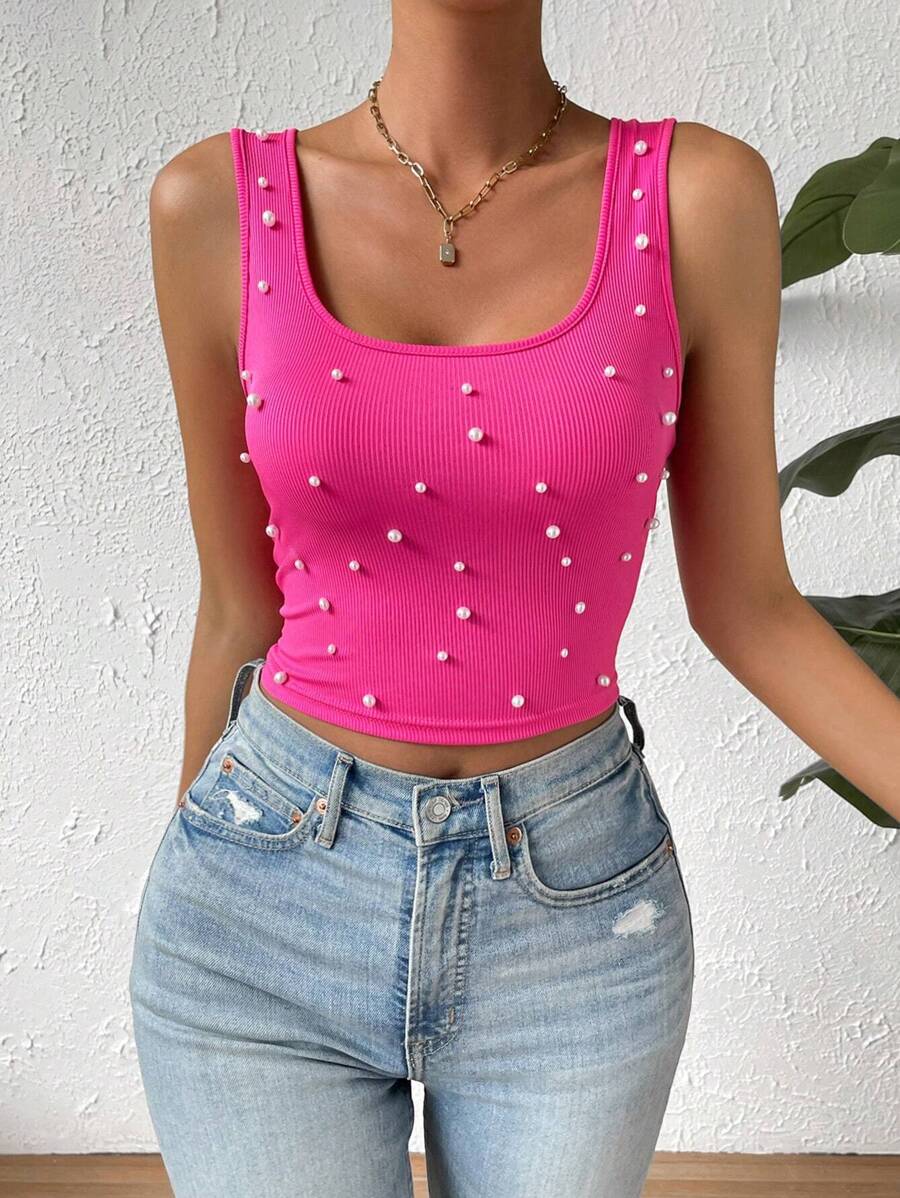 RosyDaze Pearls Beaded Crop Tank Top - Hot Pink - View 1