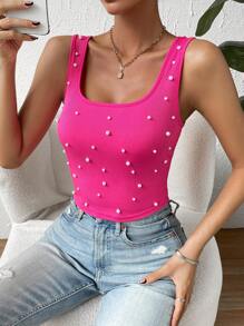 RosyDaze Pearls Beaded Crop Tank Top - Hot Pink - View 6