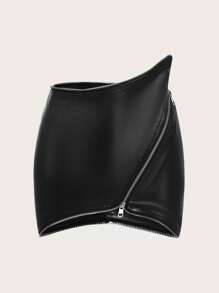 SHEIN ICON 前拉鍊PU皮革包臀半身裙 - 黑色 - 查看 1