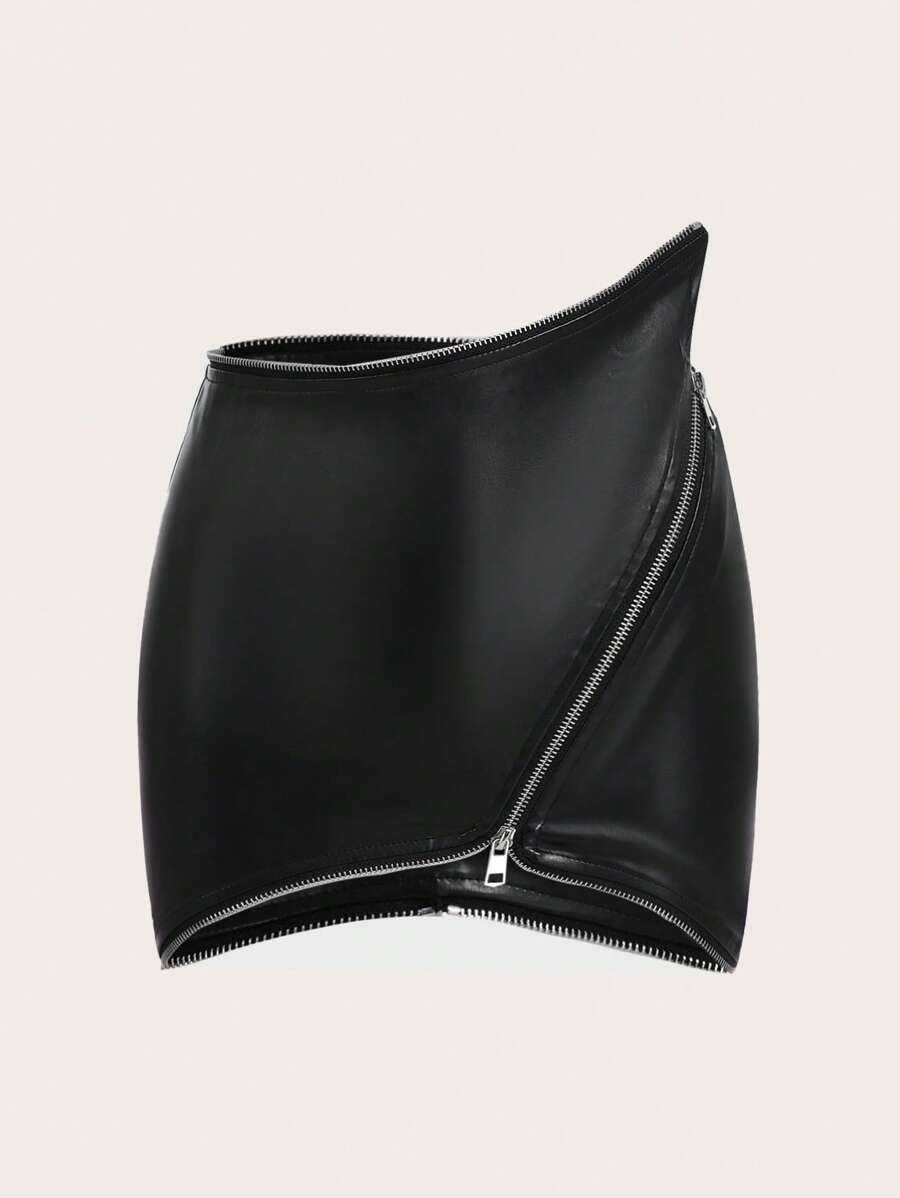 SHEIN ICON 前拉鍊PU皮革包臀半身裙 - 黑色 - 查看 1