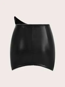 SHEIN ICON 前拉鍊PU皮革包臀半身裙 - 黑色 - 查看 4