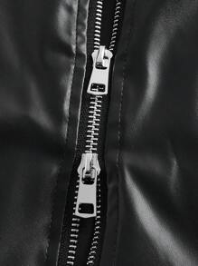 SHEIN ICON 前拉鍊PU皮革包臀半身裙 - 黑色 - 查看 6