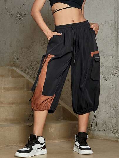 撞色翻蓋口袋腰部抽繩工裝降落傘七分褲