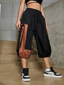 撞色翻蓋口袋腰部抽繩工裝降落傘七分褲 - 黑色 - 查看 6