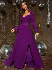 雞心領口高衩雪紡正式連衣裙