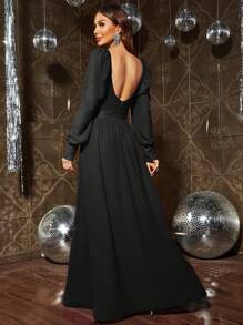 Sweetheart Neck Split Thigh Dress - Black - View 2