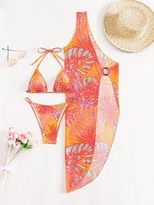 熱帶圖案掛脖三角杯比基尼泳裝附罩衫 - 彩色 - 查看 3