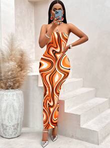 SHEIN Slayr 大理石圖案抹胸緊身洋裝 - 杏色 - 查看 4