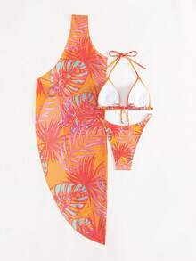 熱帶圖案掛脖三角杯比基尼泳裝附罩衫 - 彩色 - 查看 4