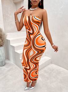 SHEIN Slayr 大理石圖案抹胸緊身洋裝 - 杏色 - 查看 5