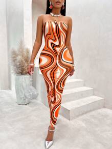 SHEIN Slayr 大理石圖案抹胸緊身洋裝 - 杏色 - 查看 6