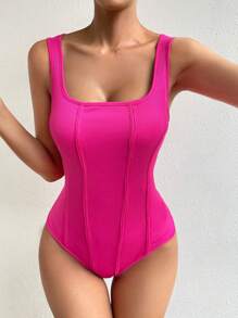 SHEIN SXY 素色大圓領背心連體衣 - 玫紅色 - 查看 1