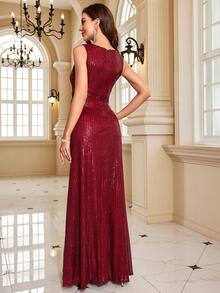 XUIBOL Women's V-Neck Sleeveless Glamorous Twist Sequin Party Dress - Burgundy - View 3