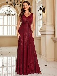 XUIBOL Women's V-Neck Sleeveless Glamorous Twist Sequin Party Dress - Burgundy - View 5