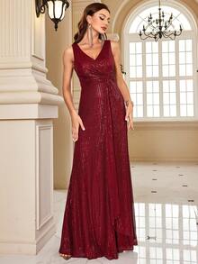 XUIBOL Women's V-Neck Sleeveless Glamorous Twist Sequin Party Dress - Burgundy - View 6