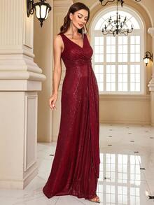 XUIBOL Women's V-Neck Sleeveless Glamorous Twist Sequin Party Dress - Burgundy - View 7