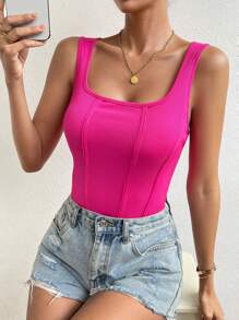 SHEIN SXY 素色大圓領背心連體衣 - 玫紅色 - 查看 5