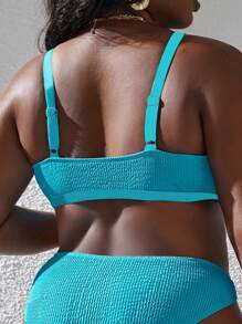 Plus Size Plain Ring Linked Bikini Set Summer Beach - Blue - View 2