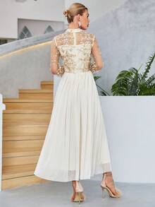 Contrast Sequin Mesh Overlay Pleated Hem Bridesmaid Dress - Beige - View 2