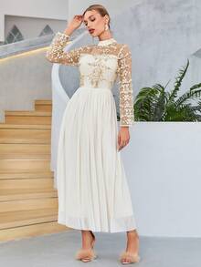 Contrast Sequin Mesh Overlay Pleated Hem Bridesmaid Dress - Beige - View 3