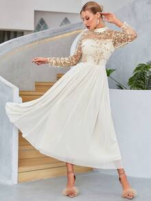 Contrast Sequin Mesh Overlay Pleated Hem Bridesmaid Dress - Beige - View 4