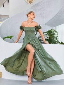 Off Shoulder Ruched Bust Split Thigh Bridesmaid Dress - Green - View 1