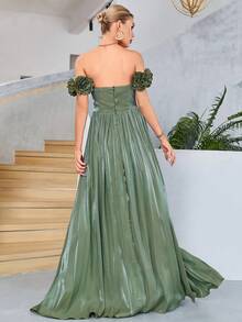 Off Shoulder Ruched Bust Split Thigh Bridesmaid Dress - Green - View 2