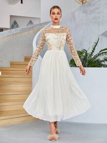 Contrast Sequin Mesh Overlay Pleated Hem Bridesmaid Dress - Beige - View 5