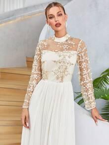 Contrast Sequin Mesh Overlay Pleated Hem Bridesmaid Dress - Beige - View 6