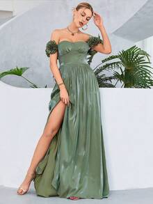 Off Shoulder Ruched Bust Split Thigh Bridesmaid Dress - Green - View 3