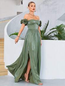 Off Shoulder Ruched Bust Split Thigh Bridesmaid Dress - Green - View 4