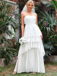 Layer Mesh Hem Tube Wedding Dress Without Veil - White - View 1