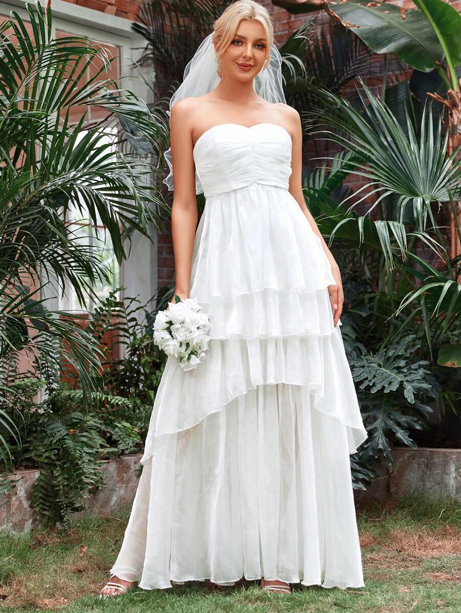 Layer Mesh Hem Tube Wedding Dress Without Veil - White - View 1