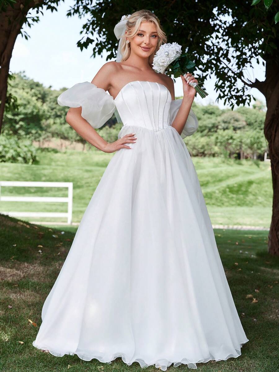 Off Shoulder Puff Sleeve Organza Wedding Dress - White - View 1