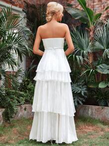 Layer Mesh Hem Tube Wedding Dress Without Veil - White - View 2