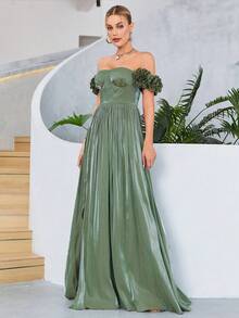 Off Shoulder Ruched Bust Split Thigh Bridesmaid Dress - Green - View 6