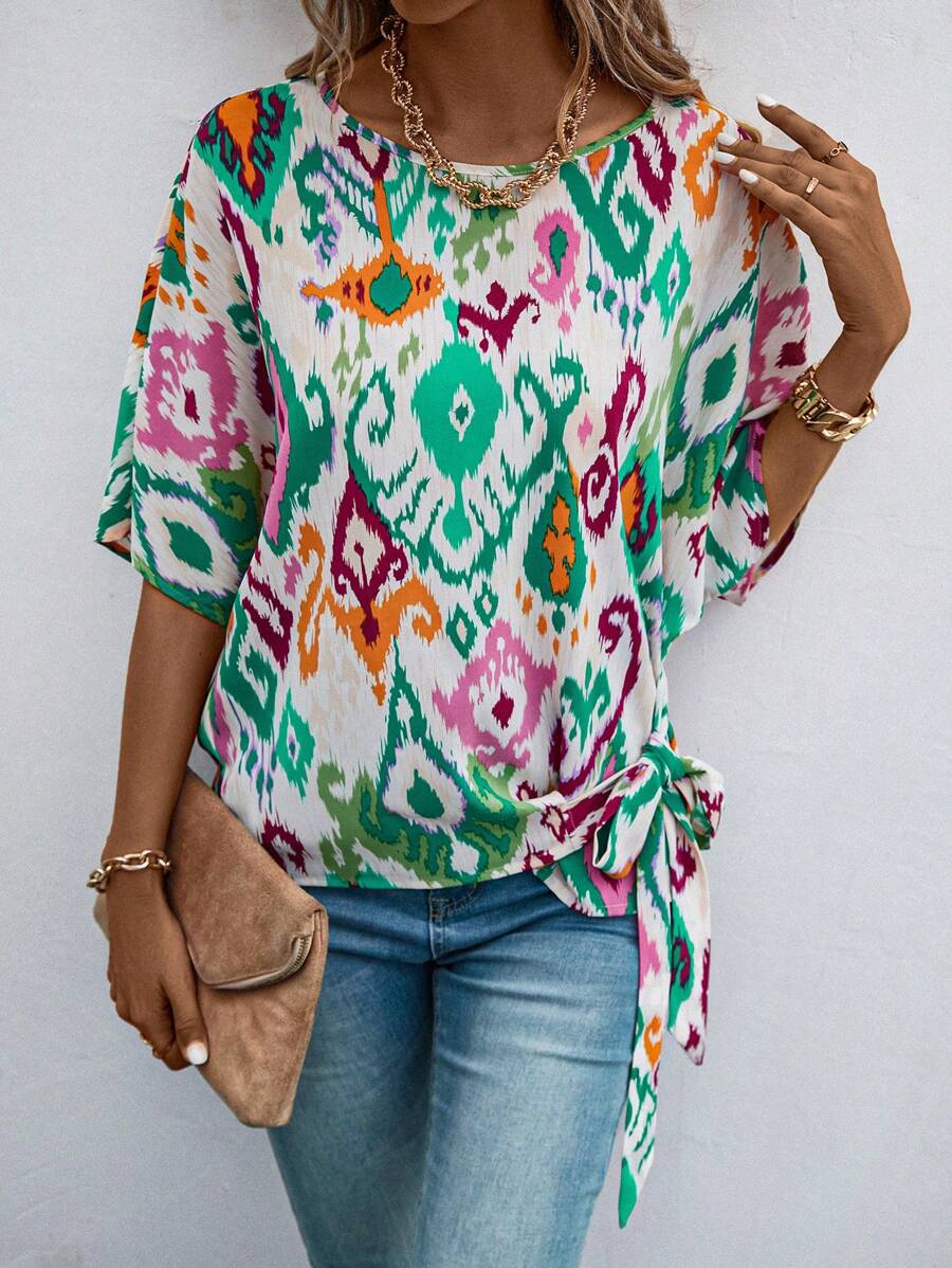 SHEIN LUNE 滿版印花蝙蝠袖側打結襯衫 - 彩色 - 查看 1