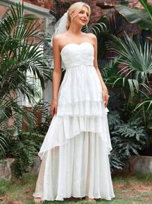 Layer Mesh Hem Tube Wedding Dress Without Veil - White - View 3