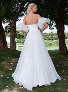 Off Shoulder Puff Sleeve Organza Wedding Dress - White - View 2